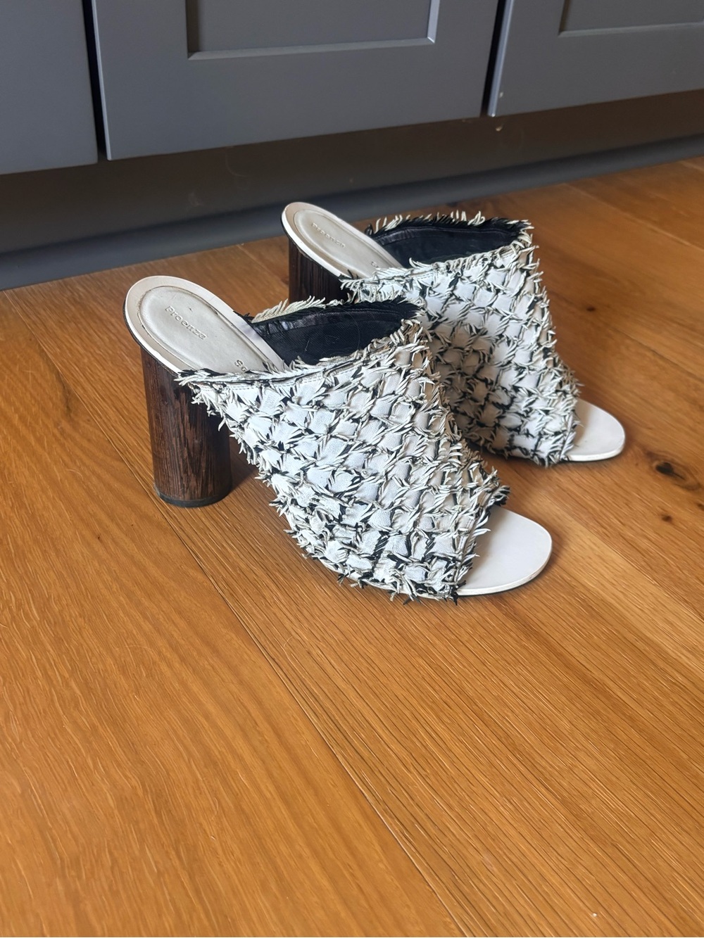 Proenza Schouler Cream and Black Woven Open-Toe Block Heel Mules